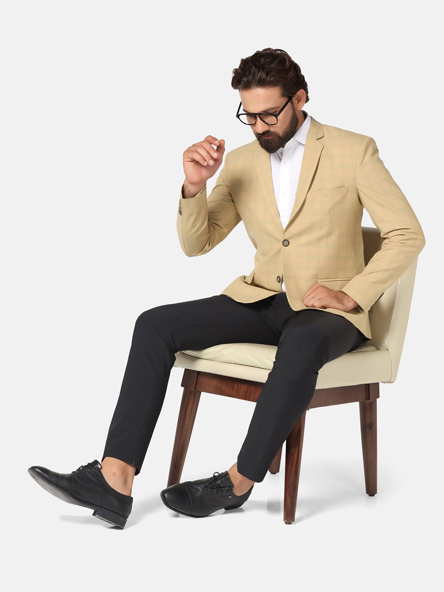 TAHVO Beige Slim Fit Check Notch Lapel Blazer