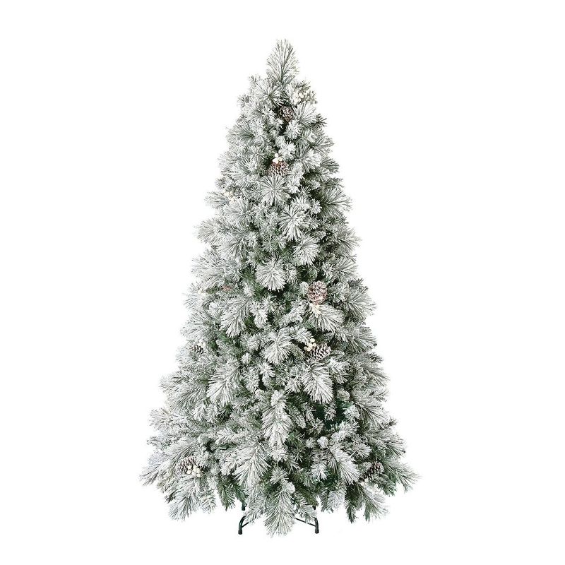 Home Heritage 6.5 Foot Snowdrift Snow Flocked Quick Set Pine Prelit Artificial Christmas Tree w/ Clear White Lights, Pinecones, Berries, & Metal Stand