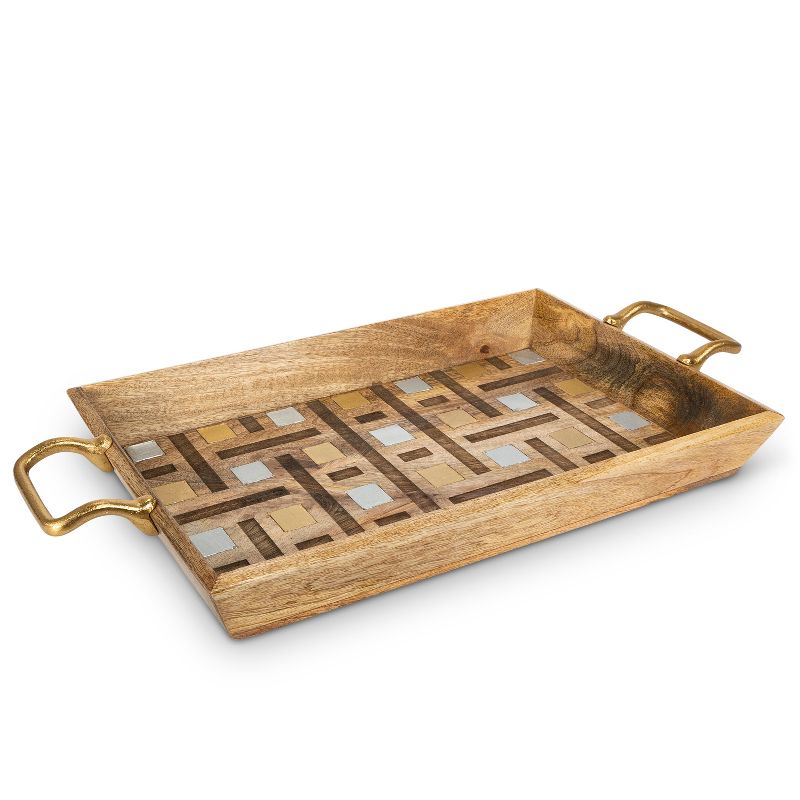GG Collection Mango Wood with Laser and Metal Inlay Weave Design Tray with Gold-tone Handles.
