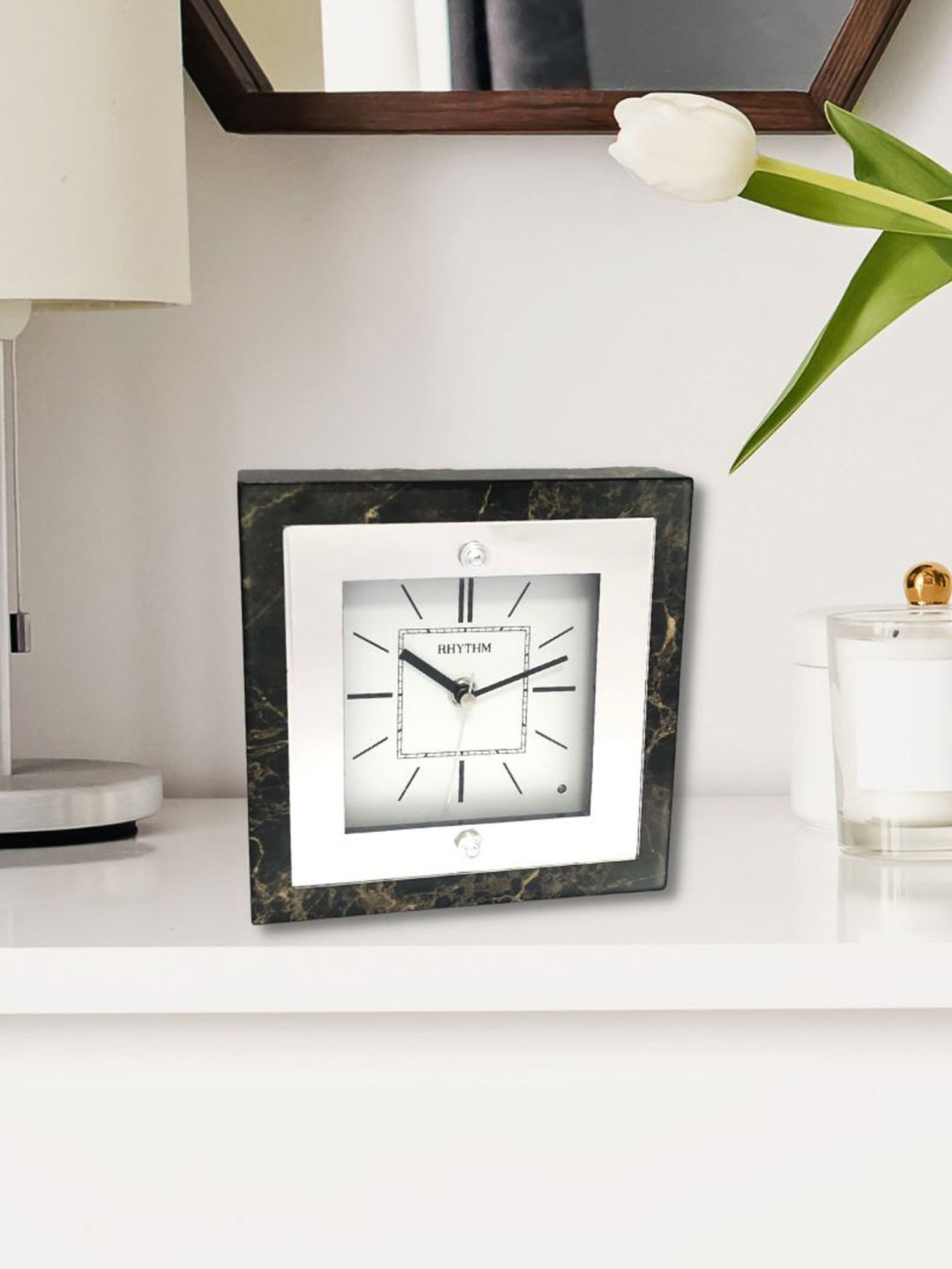 RHYTHM Elegant Square Black & Gold Wood Table Clock