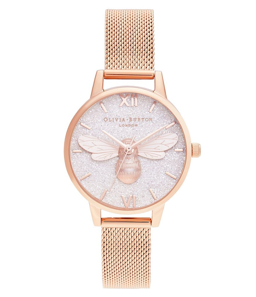 Olivia Burton Glitter Dial Lucky Bee Rose Gold Mesh Watch