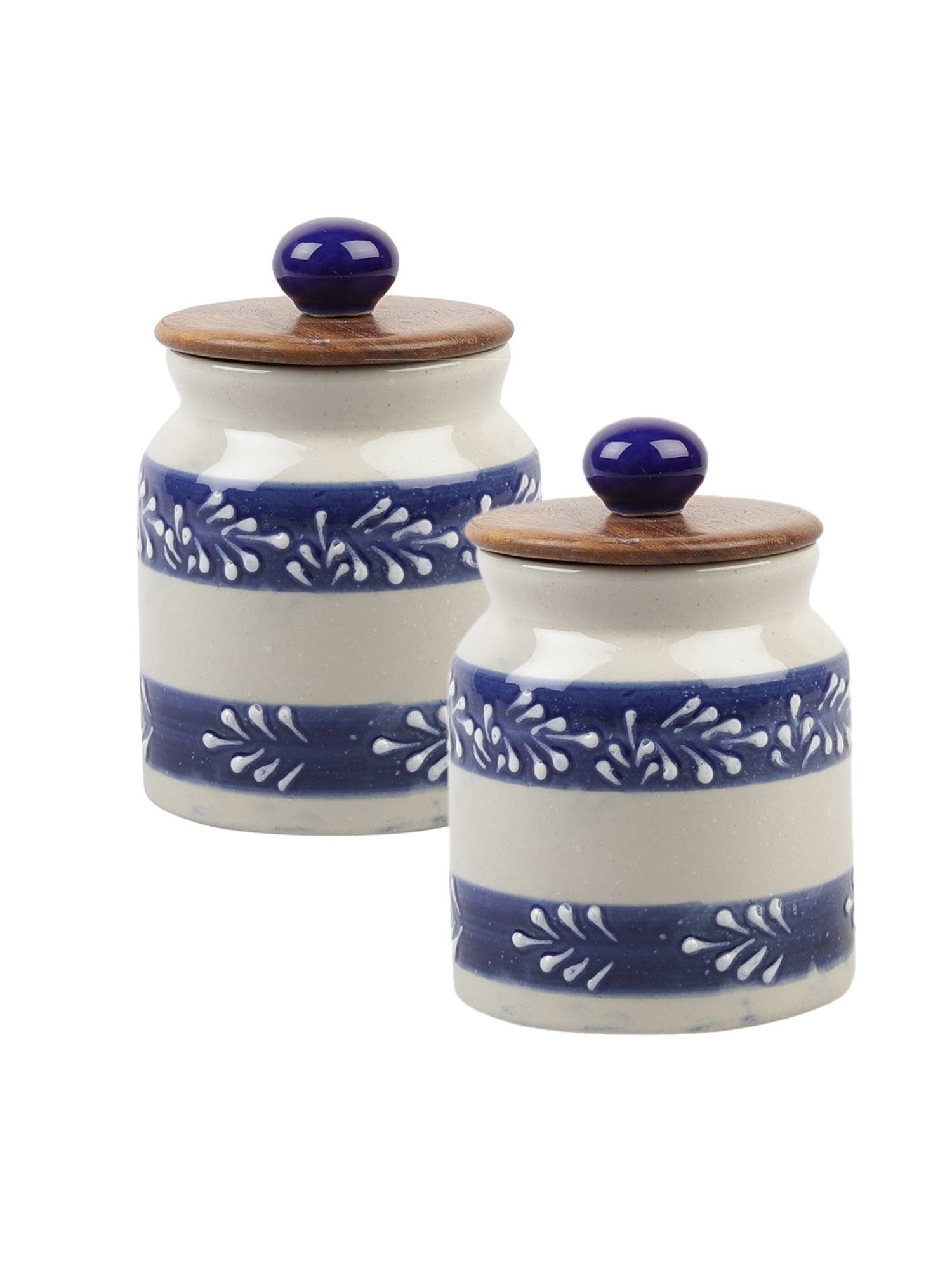 VarEesha Blue Ceramic Jar with Wooden Lid - Set of 2