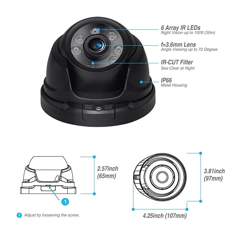 Full HD 1080P 20MP IndoorOutdoor Dome CameraFull Metal HousingNight Vision up to 65 Ft6PCS Infrared LED with IR CutSuitable for TVI and Hybrid Security Camera System and DVRBlack