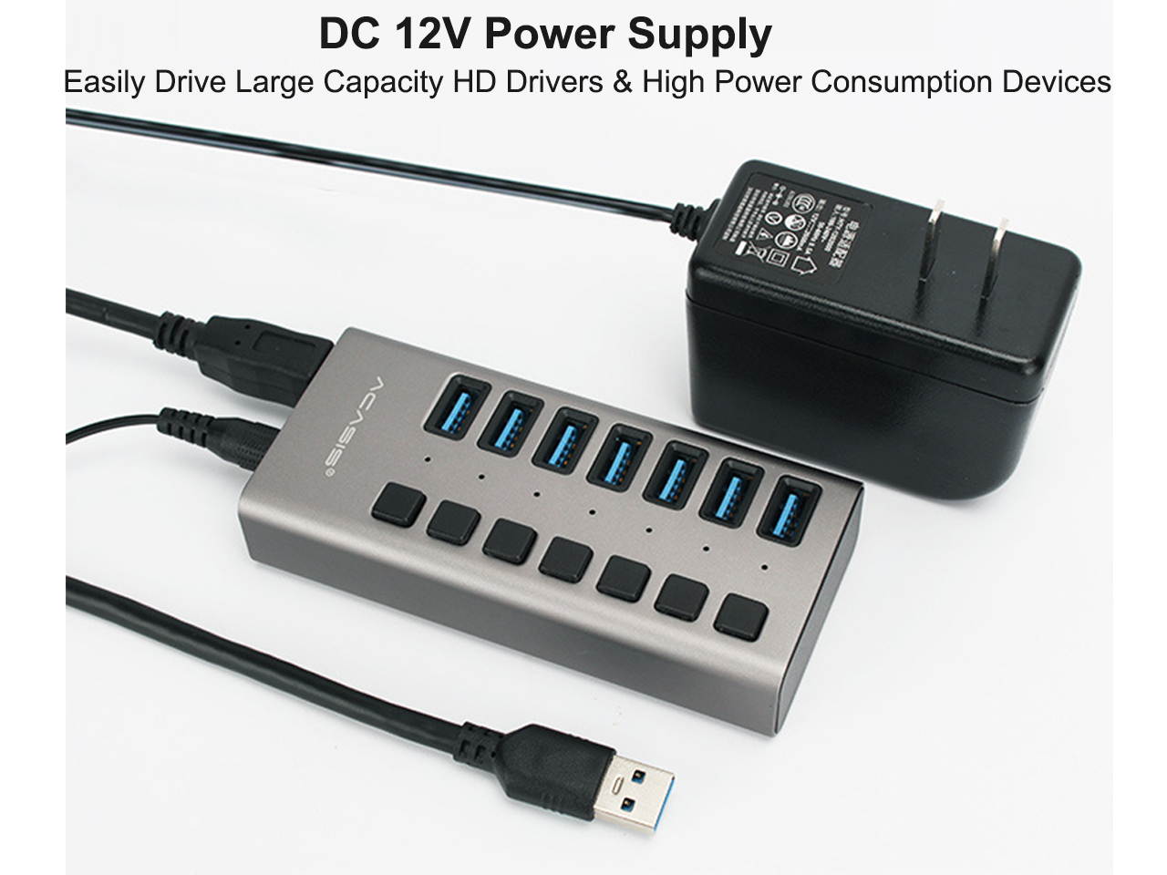 Powered USB Hub, Aluminum 7 Port USB 3.0 Hub  36W USB Splitter with Individual Power On/Off Switches and 12V 3A Power Adapter Support Charing for Laptop, PC, Computer, Mobile HDD, Flash Drive and More