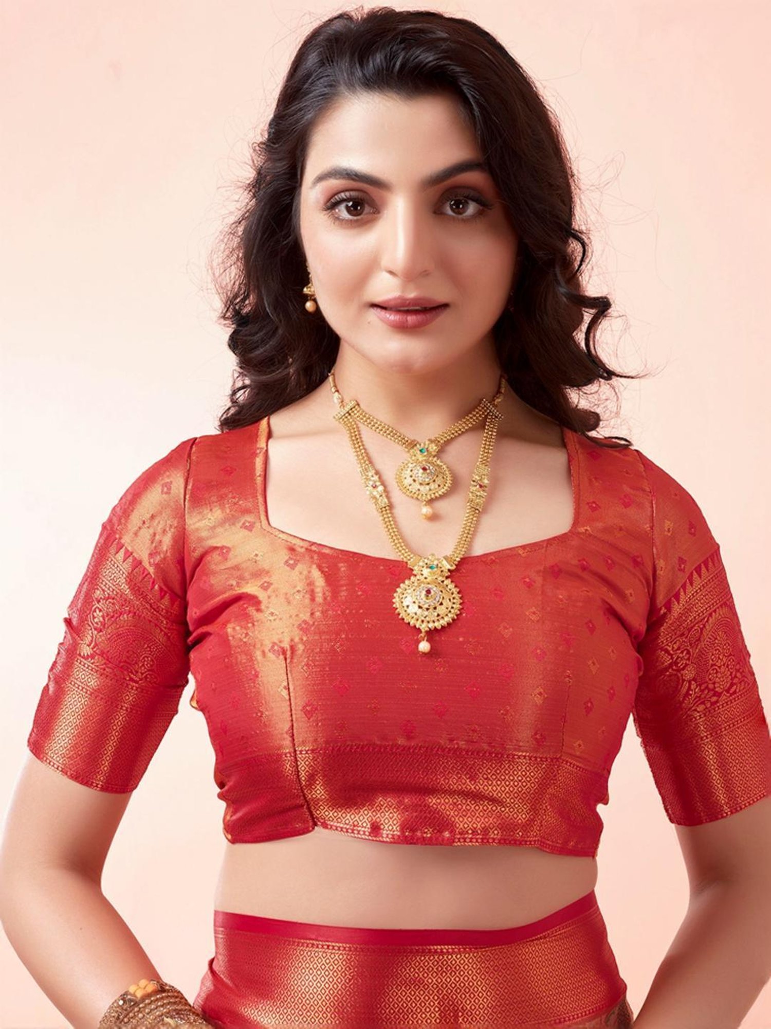 Satrani Beige & Maroon Woven Saree With Unstitched Blouse