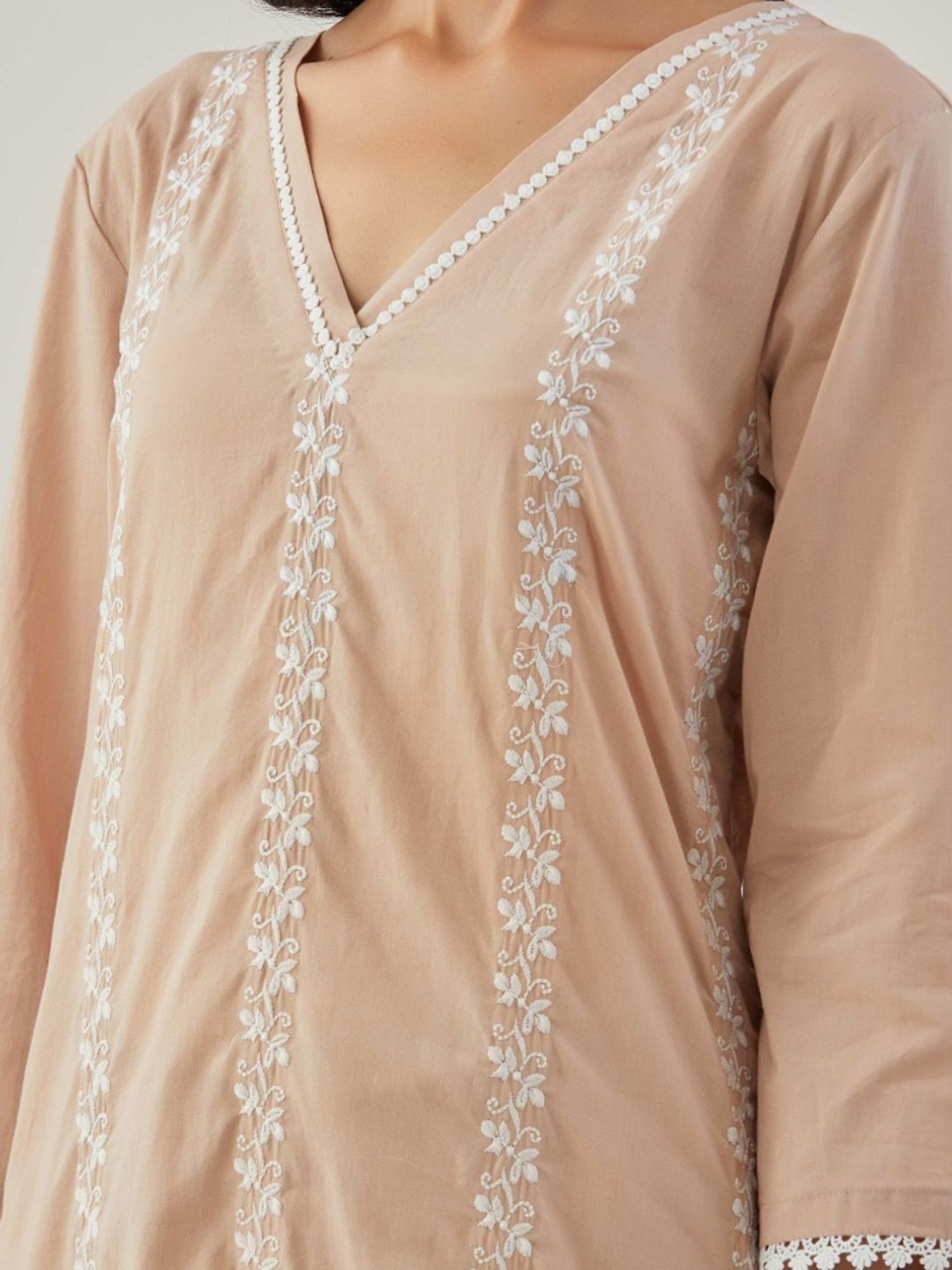 Priya Chaudhary Beige Sudha Embroidered Cotton Kurta with Pants and Kota Cotton Dupatta