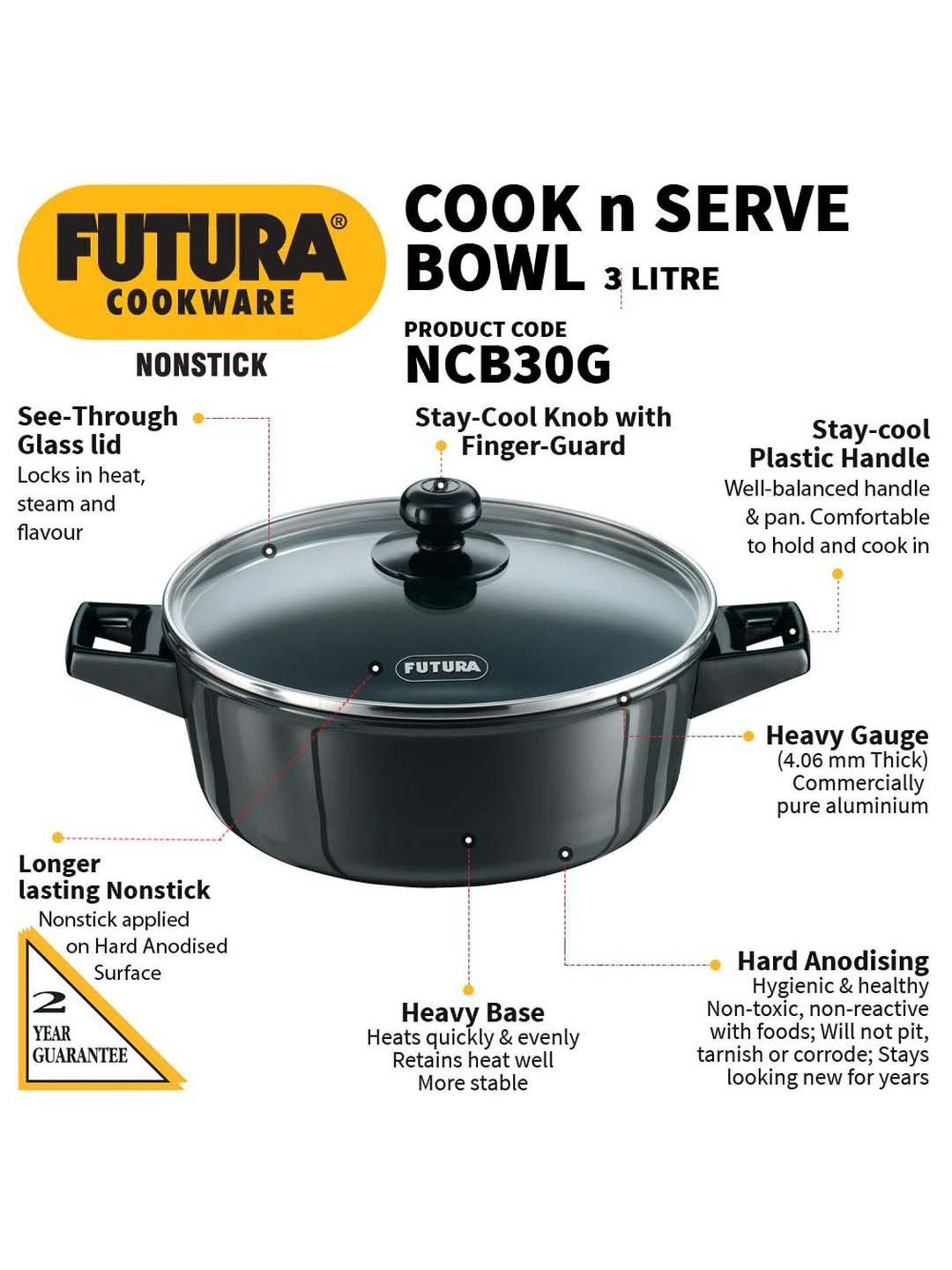 Hawkins Futura Black Nonstick Aluminium 23 cm Cook & Serve Pot with Glass Lid, 3 L