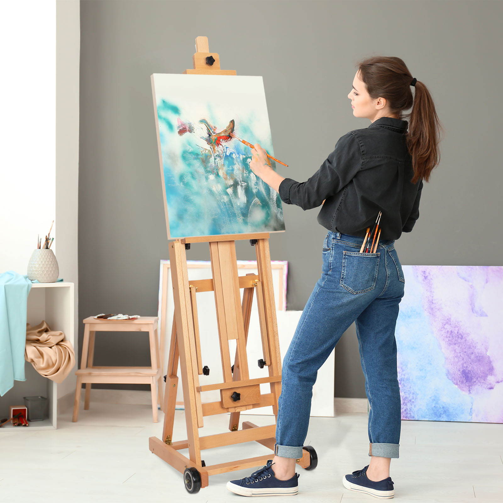 Balanced Dual-Purpose Large Painting Cart with Wheels Easel