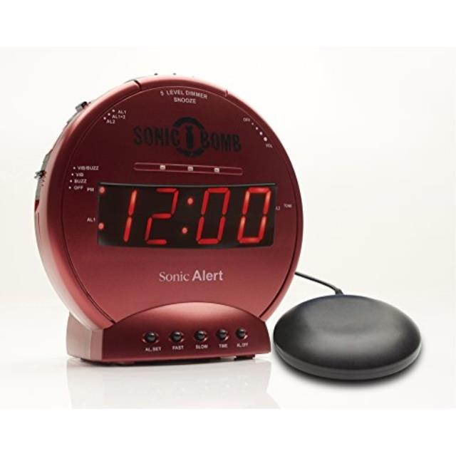 sonic bomb loud dual alarm clock with vibrating bed shaker red  sbb500ssr