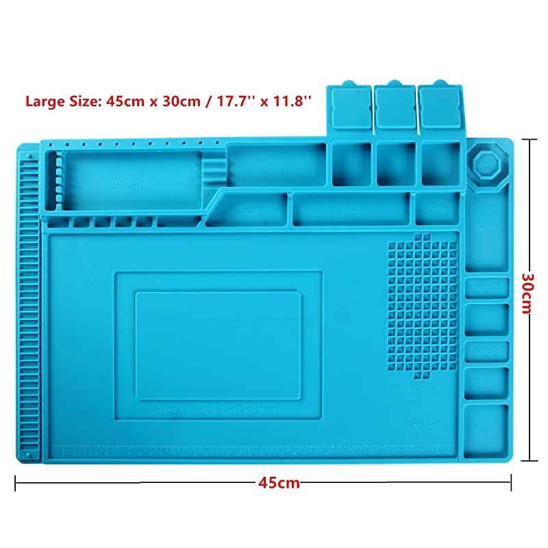 Mat Large Magnetic Silicone Solder Mat Heat Resistant 932&deg;F Electronics Mat with Tools Parts Organizer Storage for Solder Station Phone Ipad and Computer 177x 118 Blue