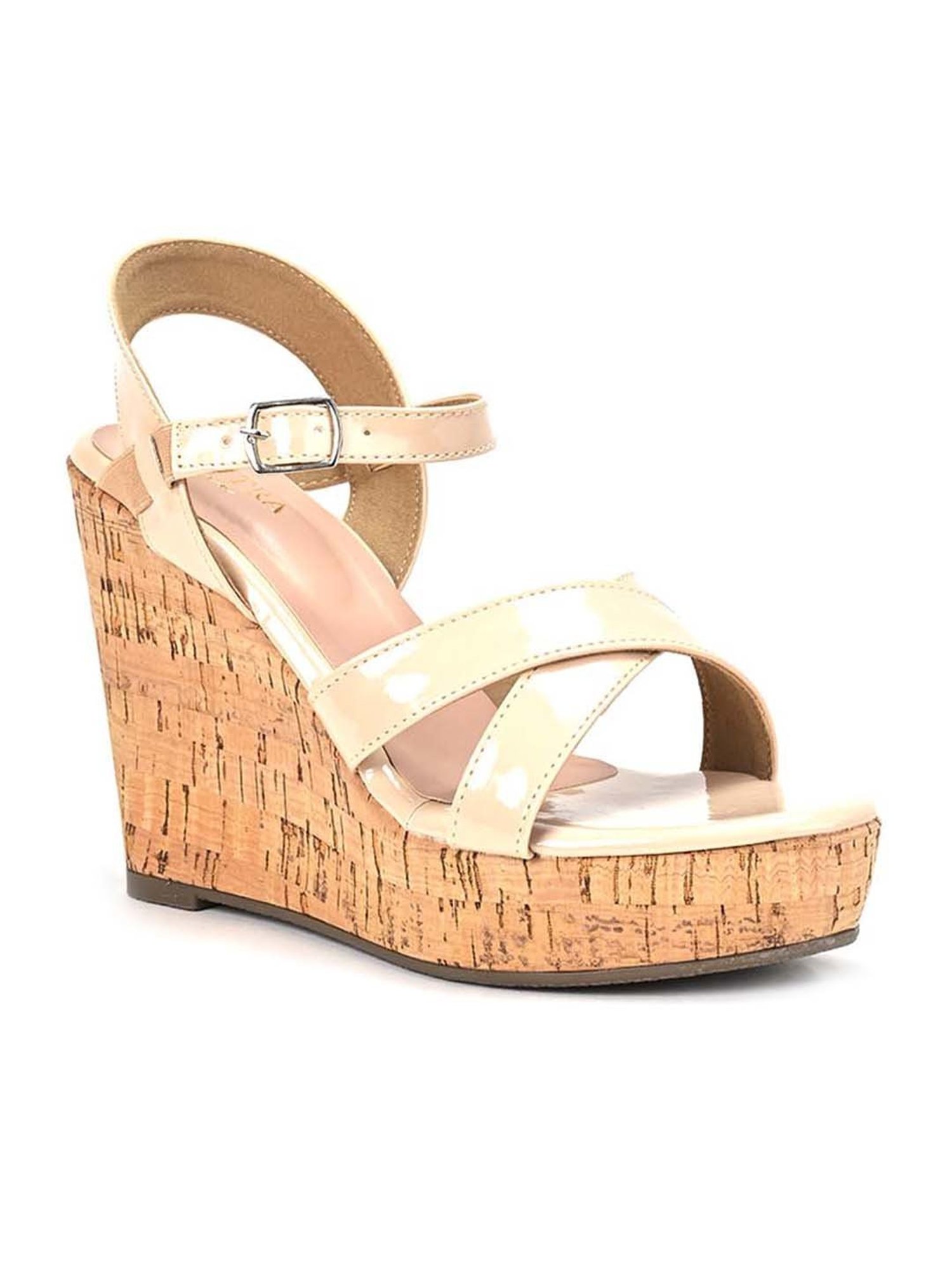 Scentra Women's Beige Ankle Strap Wedges