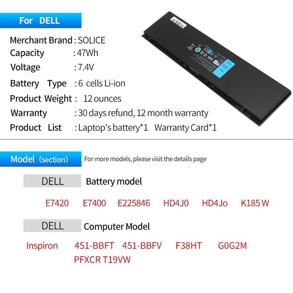 New OEM Replacement Dell 451-BBFT 451-BBFV 451-BBFY F38HT G0G2M PFXCR T19VW Laptop Battery for Dell Latitude E7420 E7440 E225846 Laptop Notebook Series [7.4V 47Wh ]