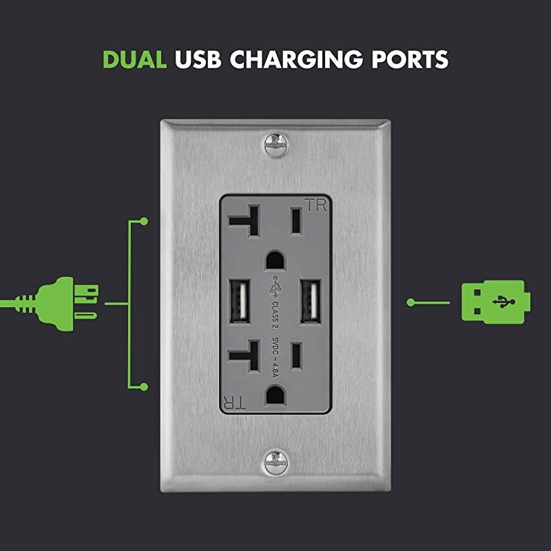48A High Speed USB Outlet Wall Charger with Stainless Steel Decorator Wall Plate 24W 20A TamperResistant Receptacle UL Listed TU22048AGYWP7731 Gray
