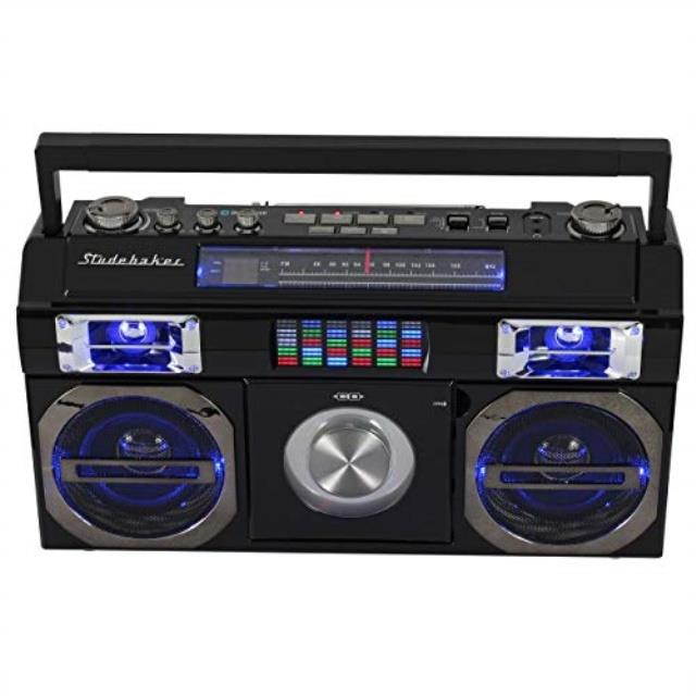 studebaker sb2145b 80's retro street bluetooth boombox with fm radio, cd player, led eq, 10 watts rms power and ac/dc