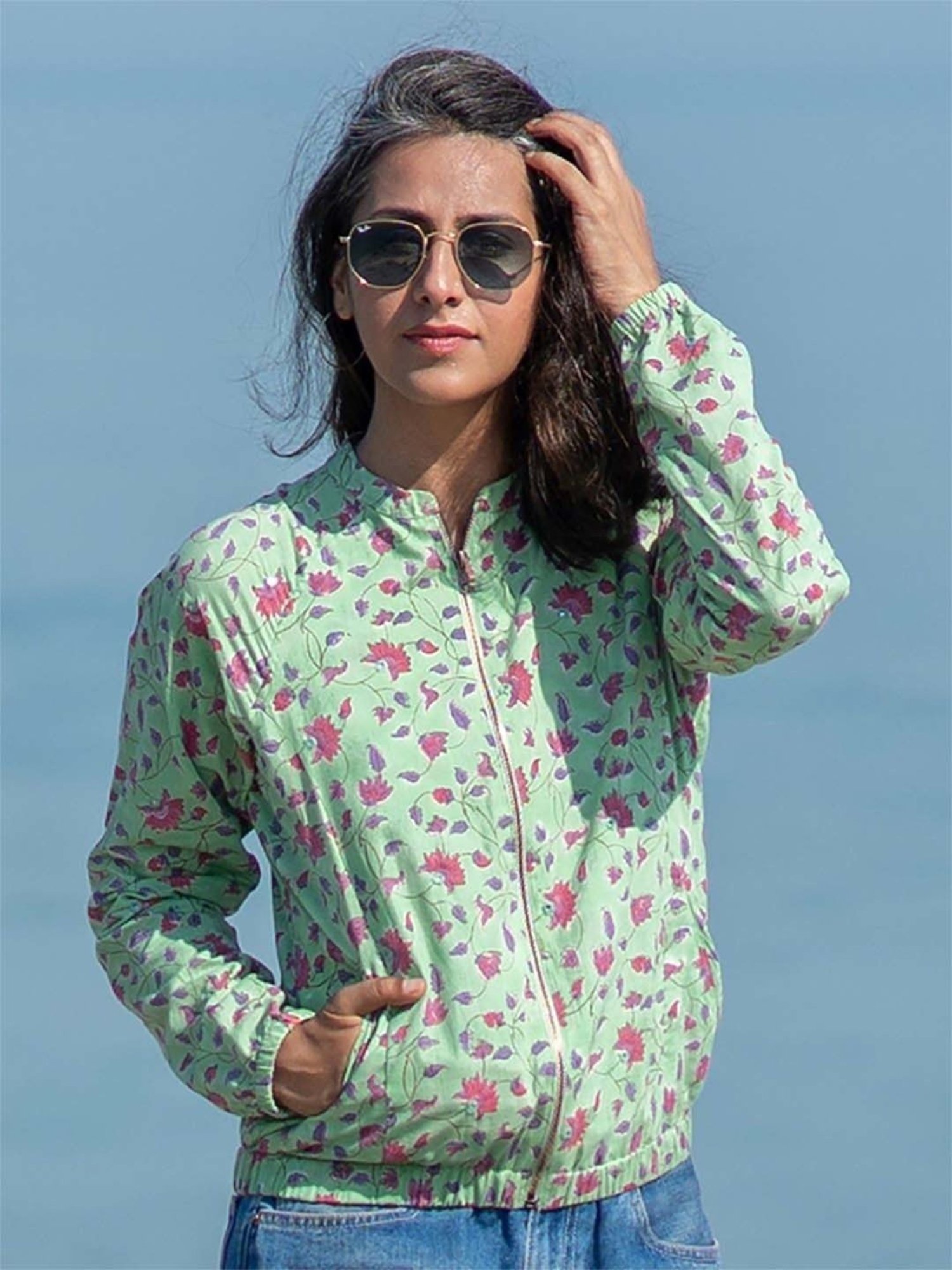 Okhai Lagom Pista Green Pure Cotton Hand Embroidered Bomber Jacket
