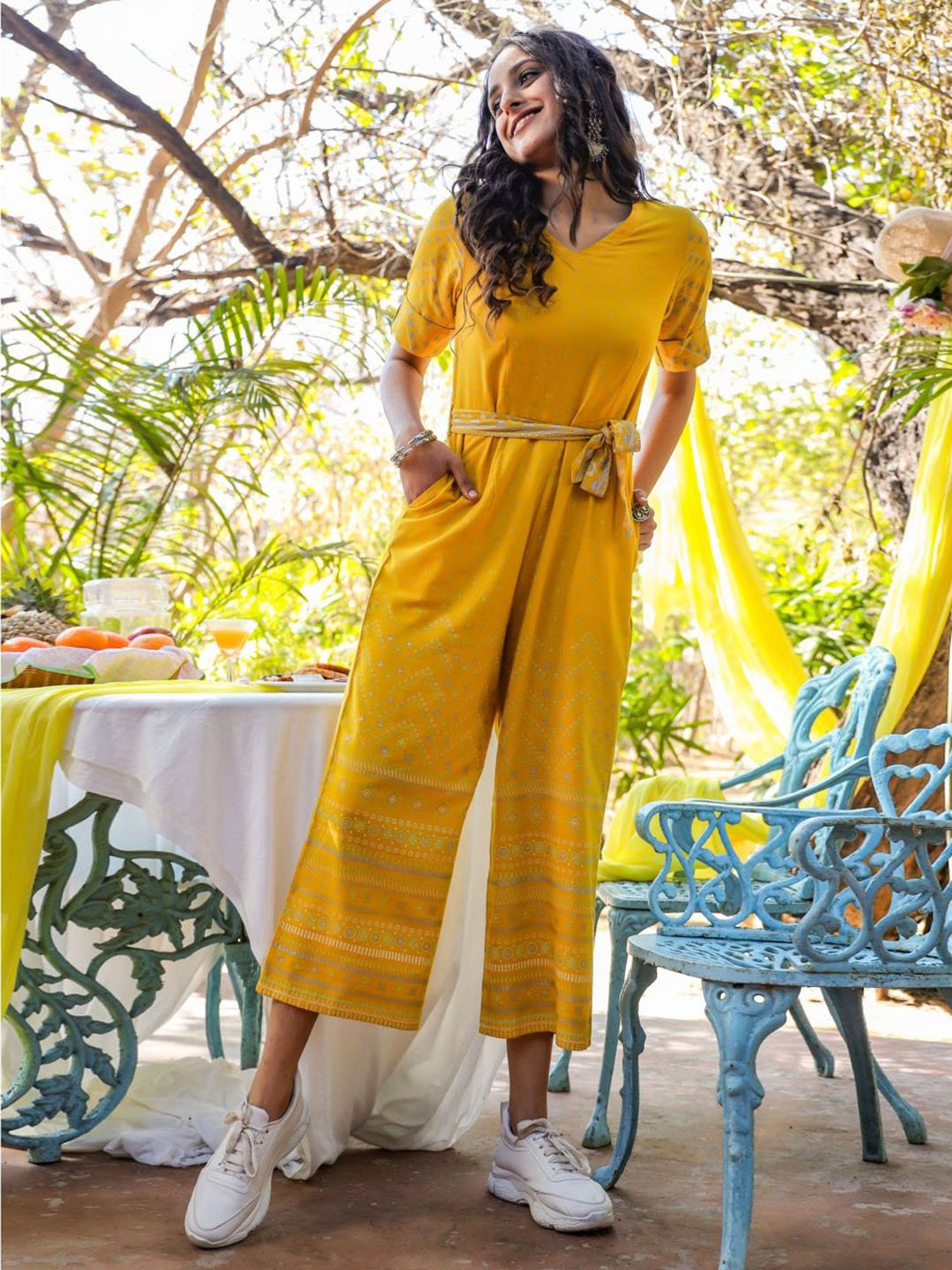 Juniper Mustard Ethnic Motif Printed Rayon Flex Jumpsuit