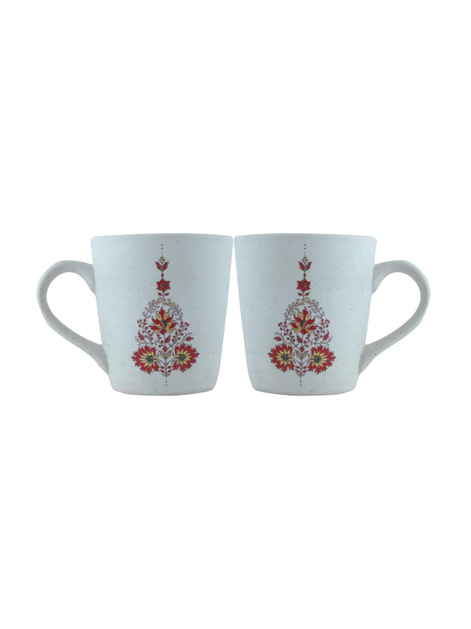 Unravel India Mugal Flower Off-White Ceramic Coffee Mug - Set of 2