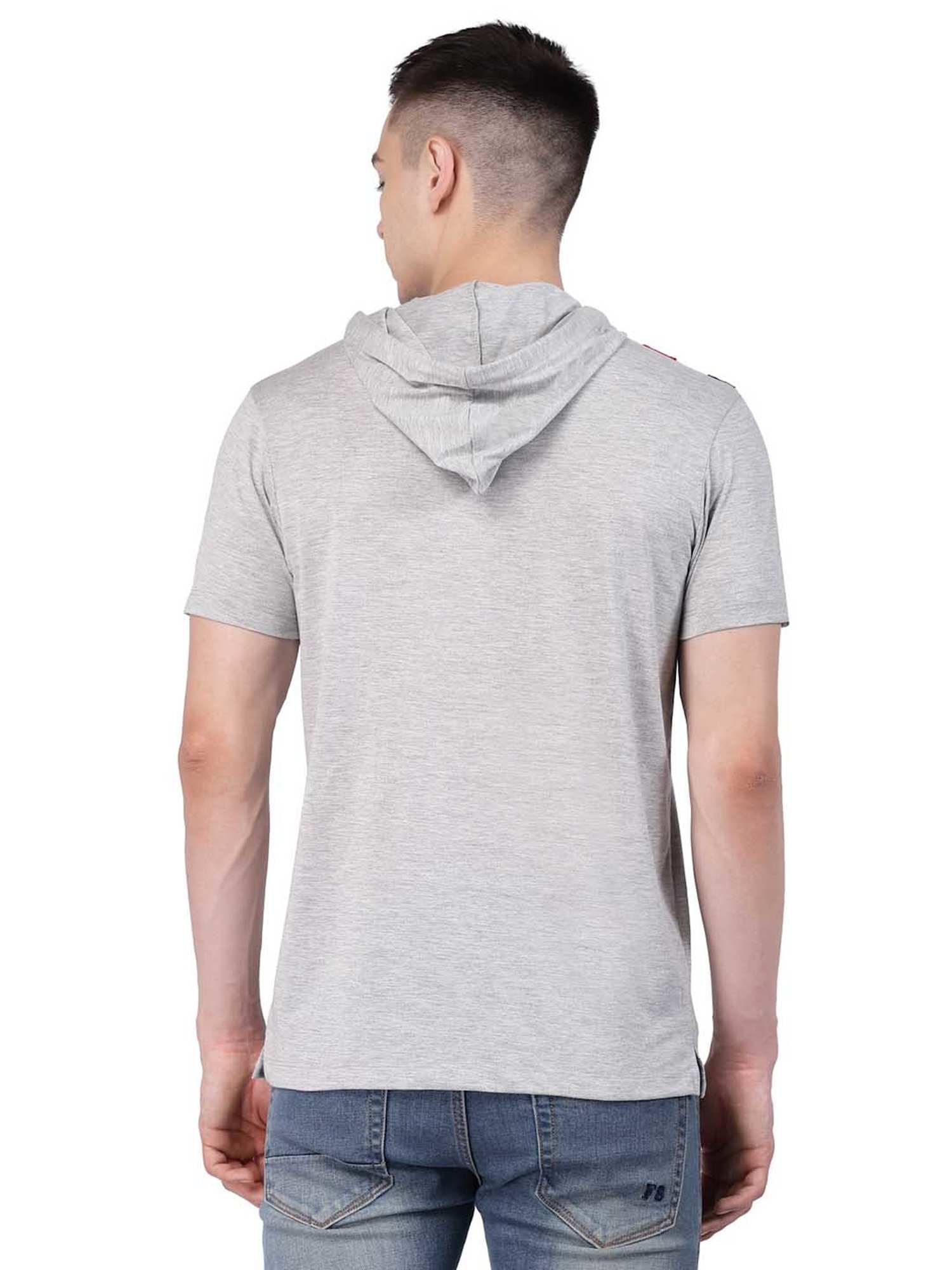 Kalt Light Grey Melange Regular Fit Striped Hooded T-Shirt