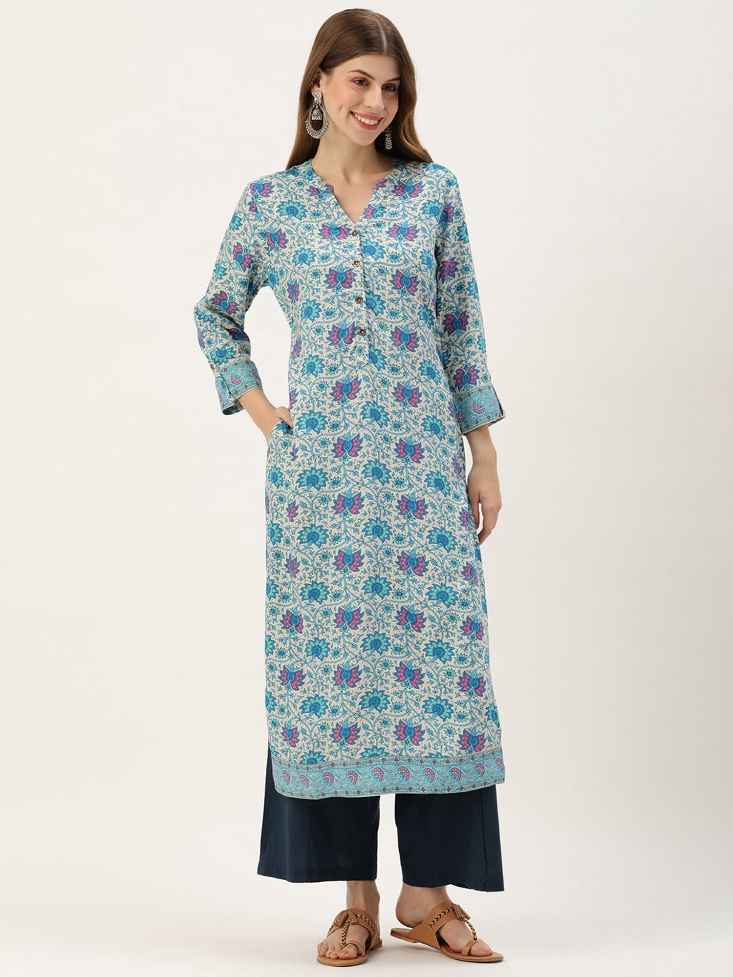 Amukti Blue Rayon Floral Print Straight kurta
