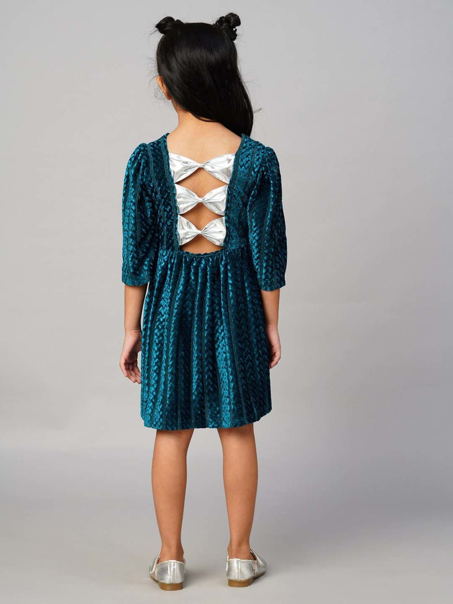 Lil Drama Kids Teal Blue Self Pattern Dress