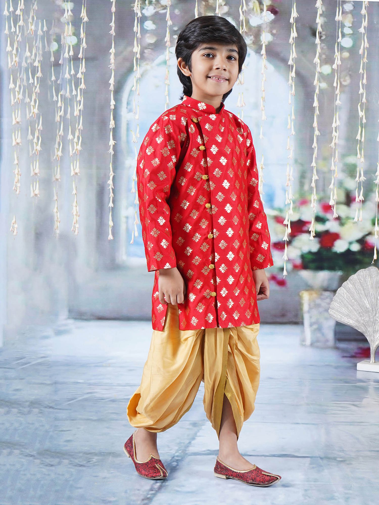 Little Bansi Kids Red & Gold Self Design Full Sleeves Sherwani with Dhoti