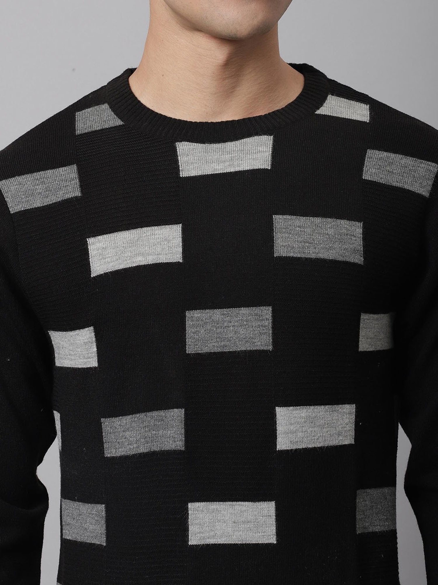 Cantabil Black Regular Fit Geometric Print Sweater