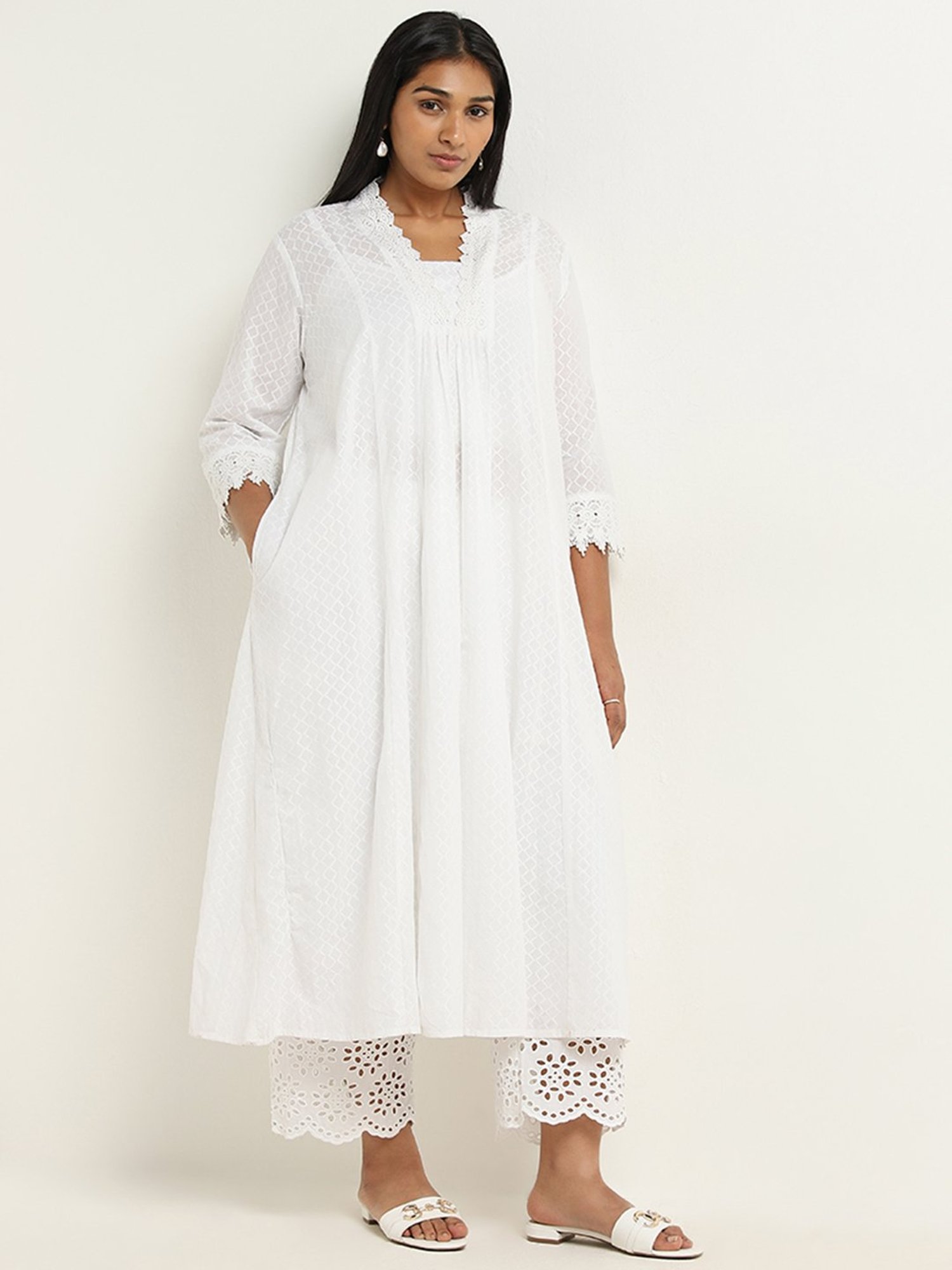 Diza by Westside White Crochet Detailed A-line Cotton Kurta