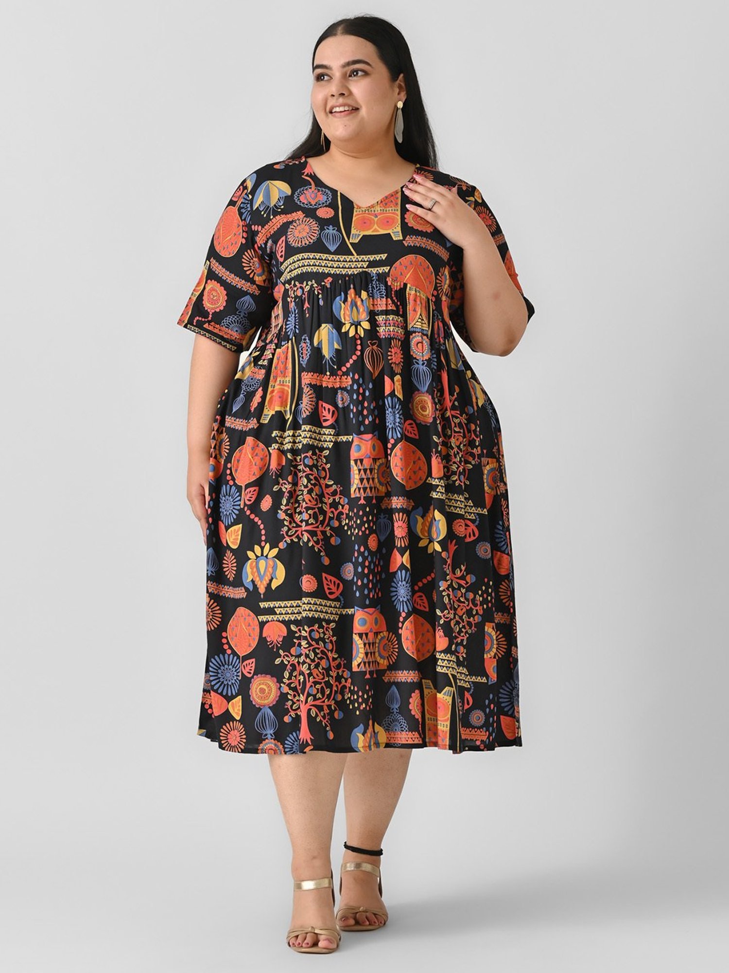 Rustorange Black Printed Ethnic Dress
