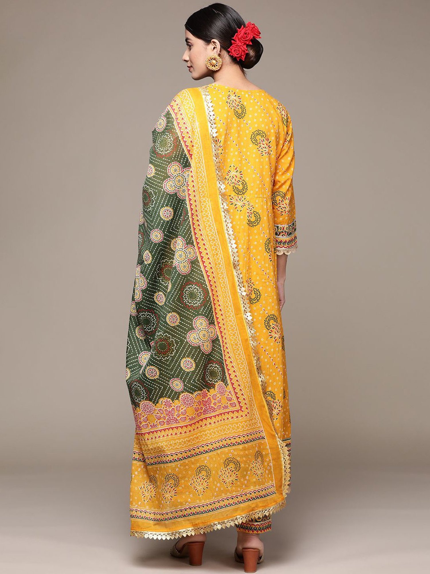 Anubhutee Yellow & Green Cotton Embroidered Kurta Pant Set With Dupatta