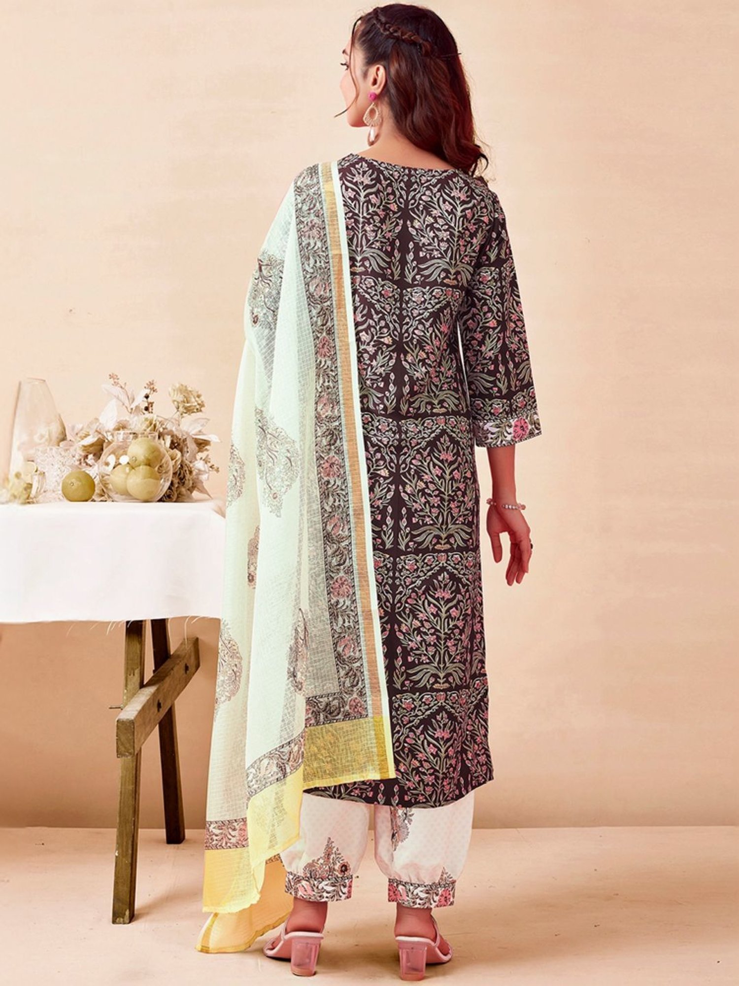 Skylee Brown & White Floral Print Kurta Salwar Set With Dupatta