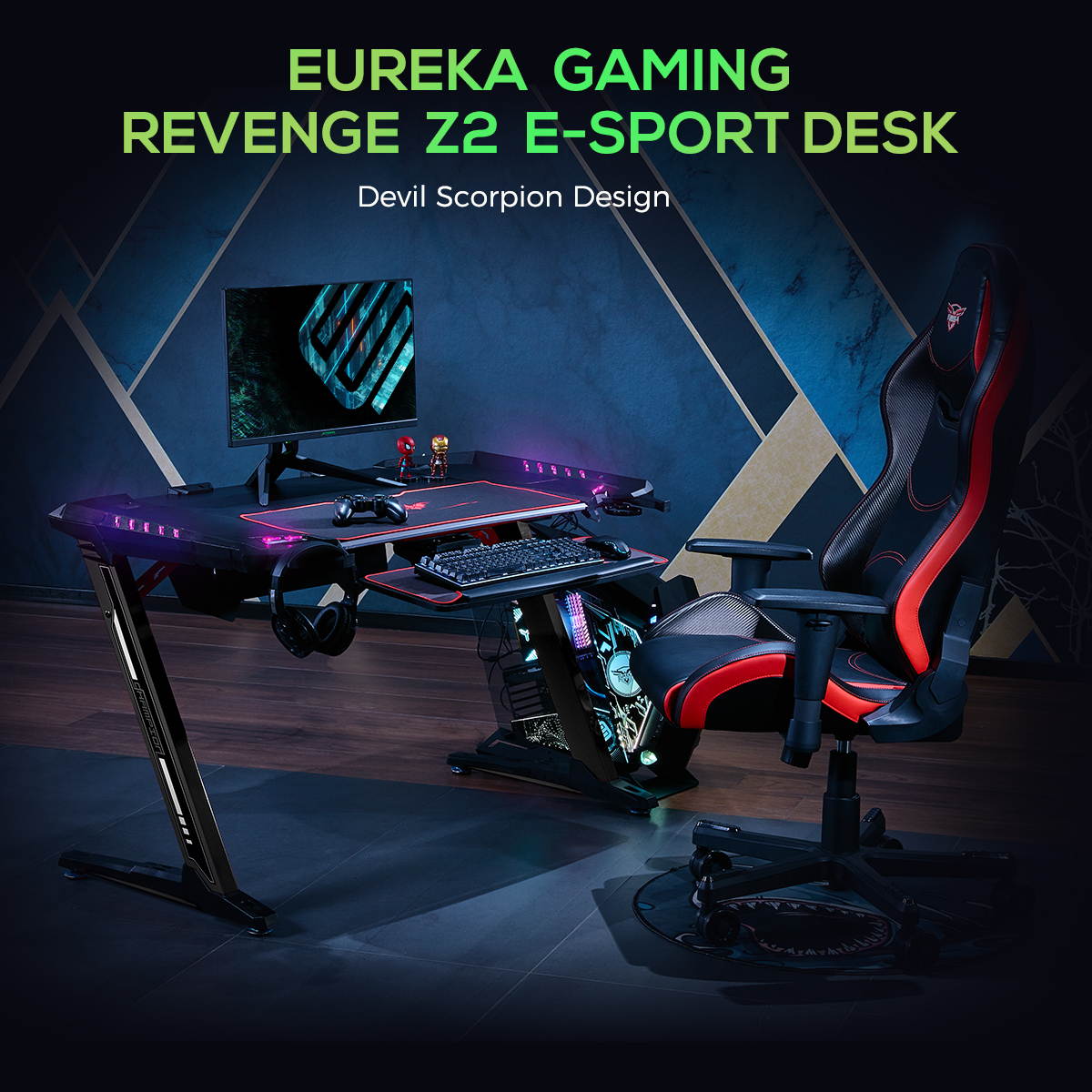 Eureka Z2 Gaming Desk - Gaming Desk for Console & PC Gamers. RGB Lighting, Headphone Hook, and Cup Holder