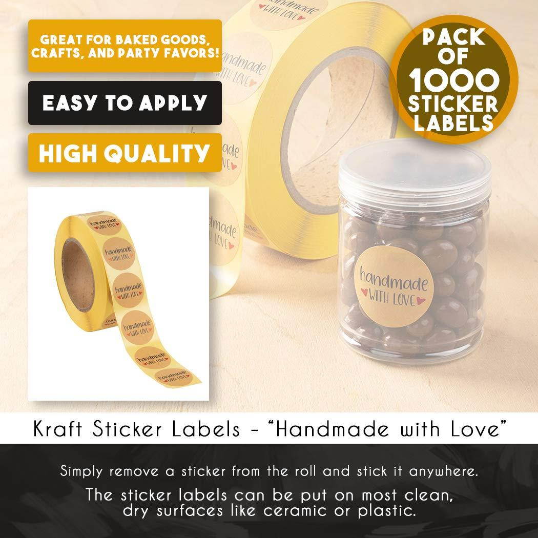 Handmade Stickers Label - 1000-Piece Handmade with Love Stickers, Handmade Stickers Roll, Kraft Stickers for Gifts, Crafts, DIY Projects, Envelope Sealing, Brown, 1.5 x 1.5 Inches