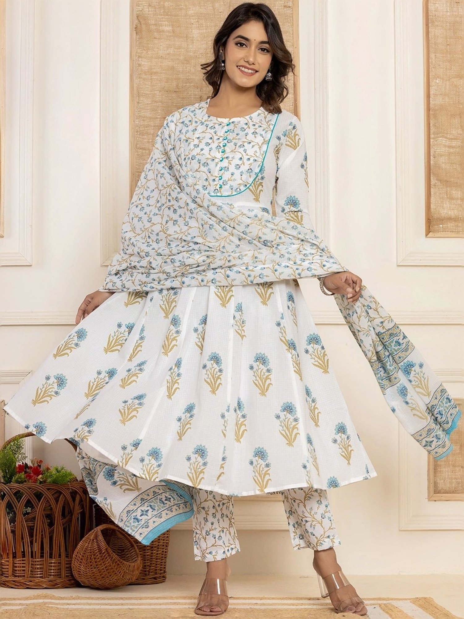 Yufta Blue & White Cotton Printed Kurta Pant Set With Dupatta