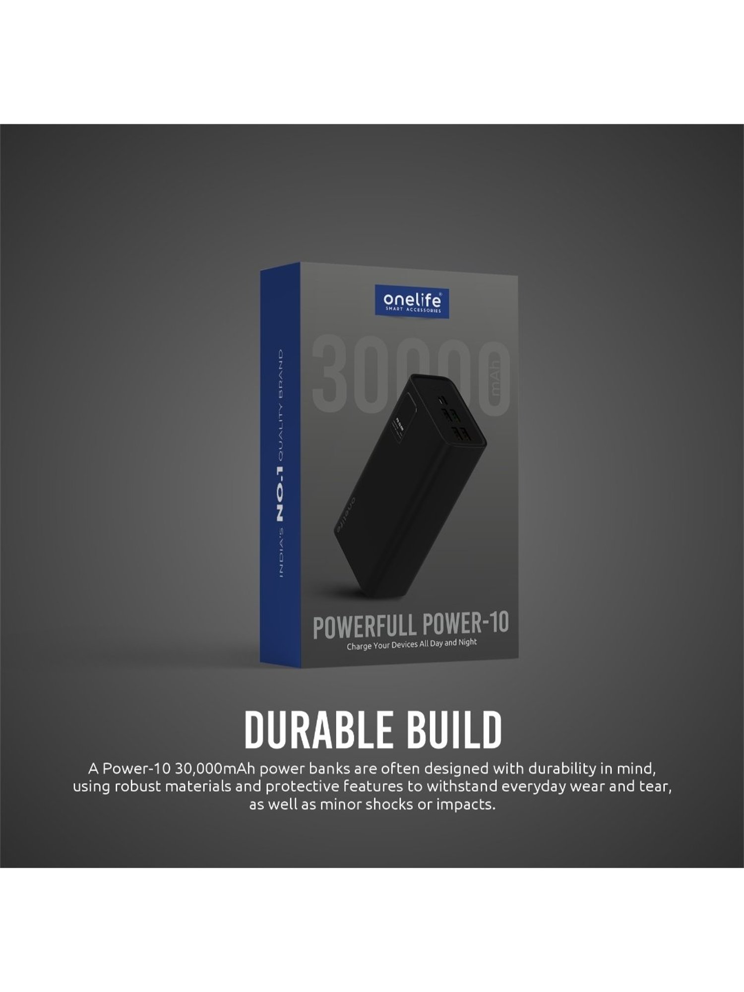 Onelife Power 10, 30000 mAh 22.5 Watt Power Bank with Quick Charge (Black)