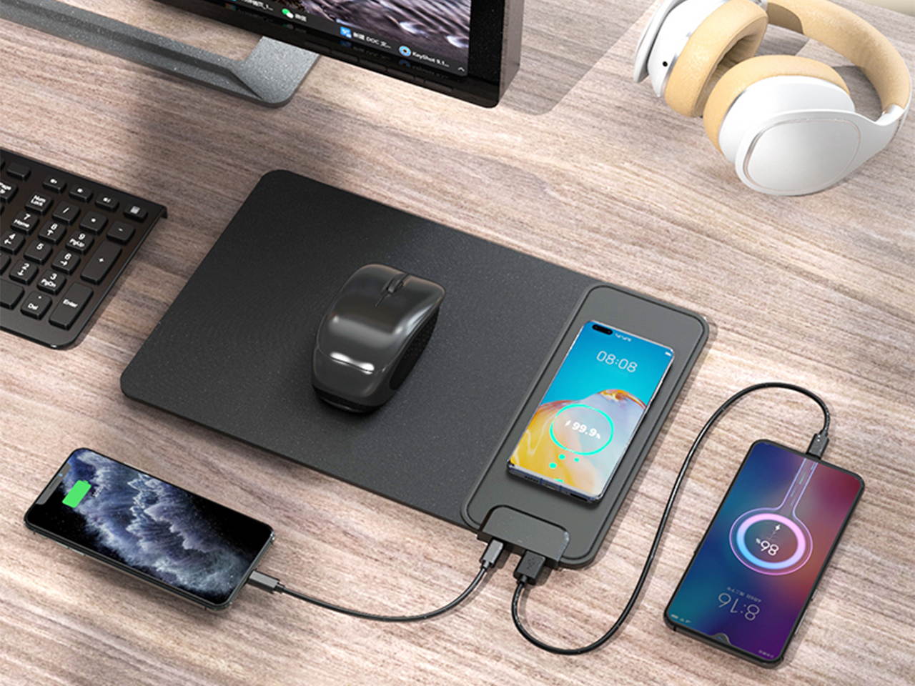 QI Mouse Pad, Leather Gaming Smart Wireless Charging Mouse Pad 15W Fast Charging 3 in 1, Optical Enhancement Smooth Computer Mice Mat