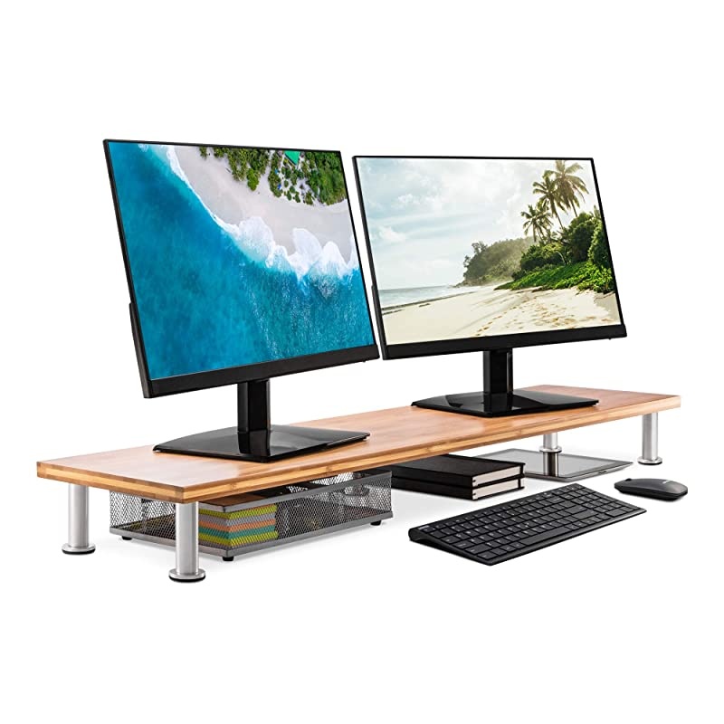 Dual Monitor Stand for Computer Screens Solid Bamboo Riser Supports The Heaviest Monitors Printers Laptops or TVs Perfect Shelf Organizer for Office Desk Accessories TV Stands Natural