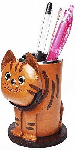 Cat Tabby Genuine Leather Animal Pen/Pencil Holder/CupVANCA Handmade in Japan
