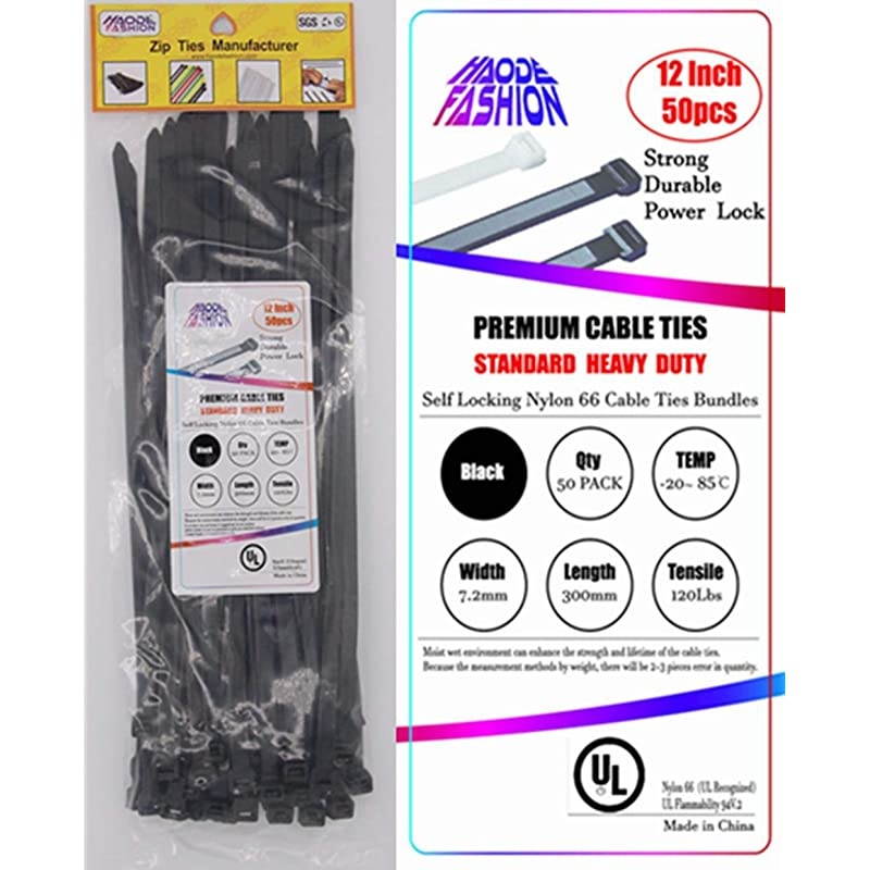 Large 120LBS Tensile Strength Zip Ties 12 Inch Heavy Duty Black Industrial Durable Cable Ties Office Organizer Gardening Ties Tools 50 Pack Black