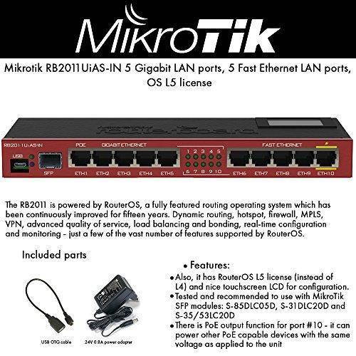 MikroTik - RB2011UIAS-IN - RB2011UASIN 5 Gigabit LAN ports, 5 Fast Ethernet LAN ports, OS L5 license, MicroUSB, 128MB RAM, LCD touchscreen for configuration