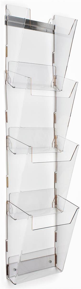 Magazine Wall Rack with 4 Pockets, Tiered, Frameless, Notched Front Panels, Durable Construction, High-impact Acrylic, Clear (RM9FL)