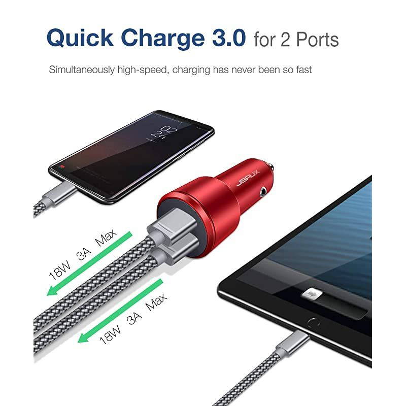 Car Charger  Quick Charge 30 3A Dual USB Ports 36W Fast Car Adapter Metal Compatible with Samsung Galaxy S10 S9 S8 S20 Plus Note 10 9 8 S7 iPhone Xs Max XR X 8 7 6 iPad LG G6 V20 Moto Red