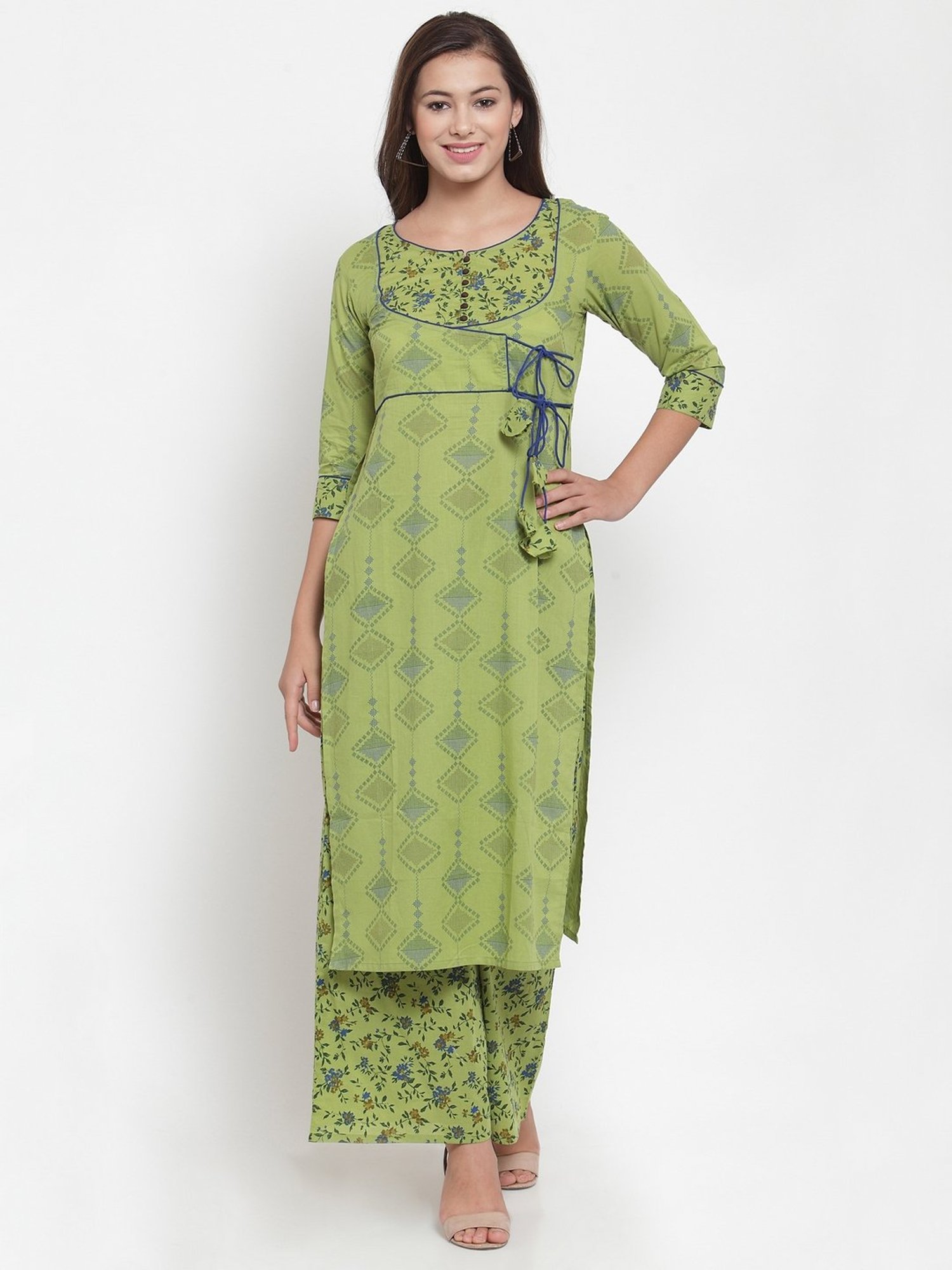 Indibelle Green Cotton Printed Straight Kurta