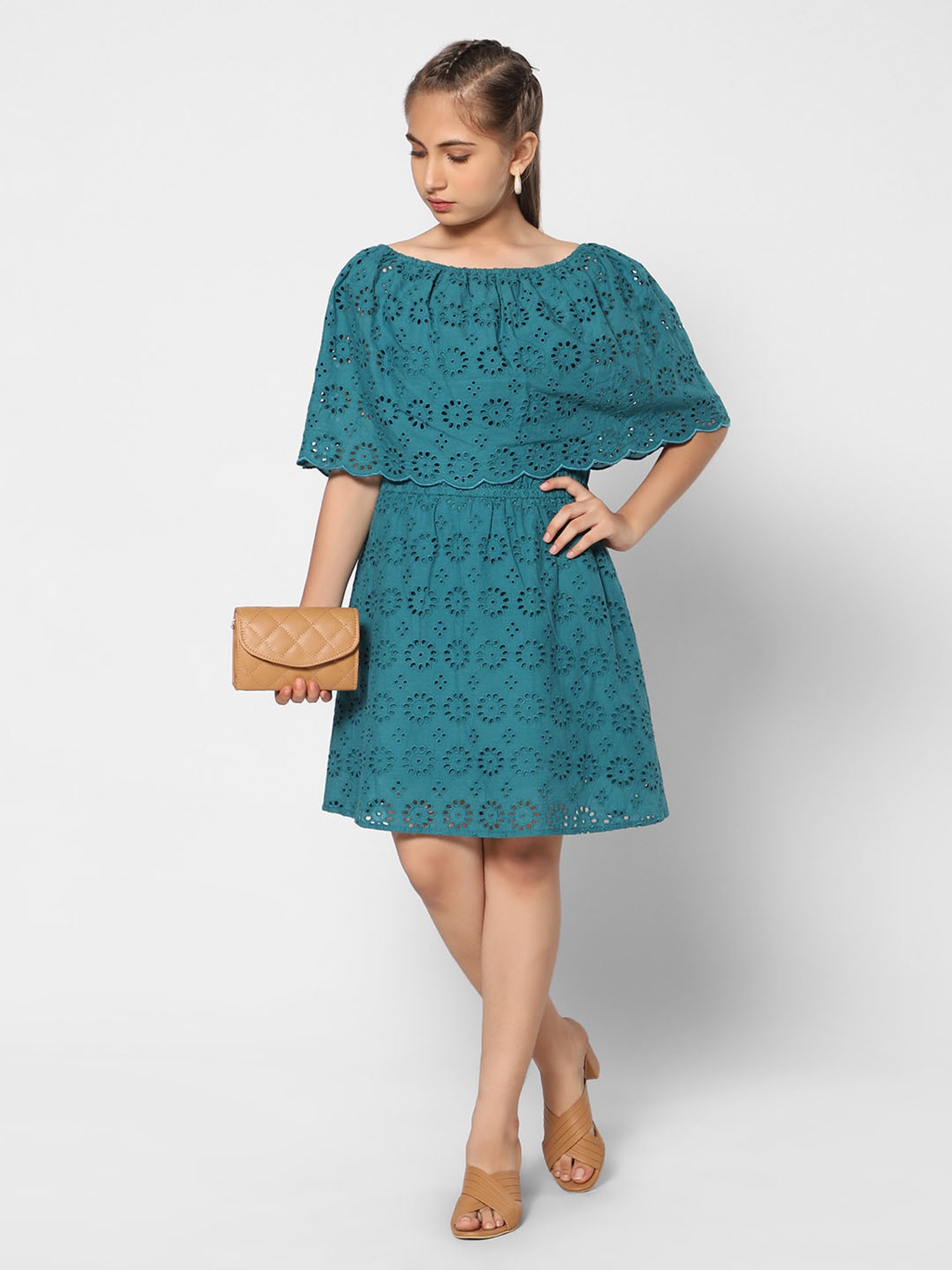 TeenTrums Girls Teal Self Design Dress