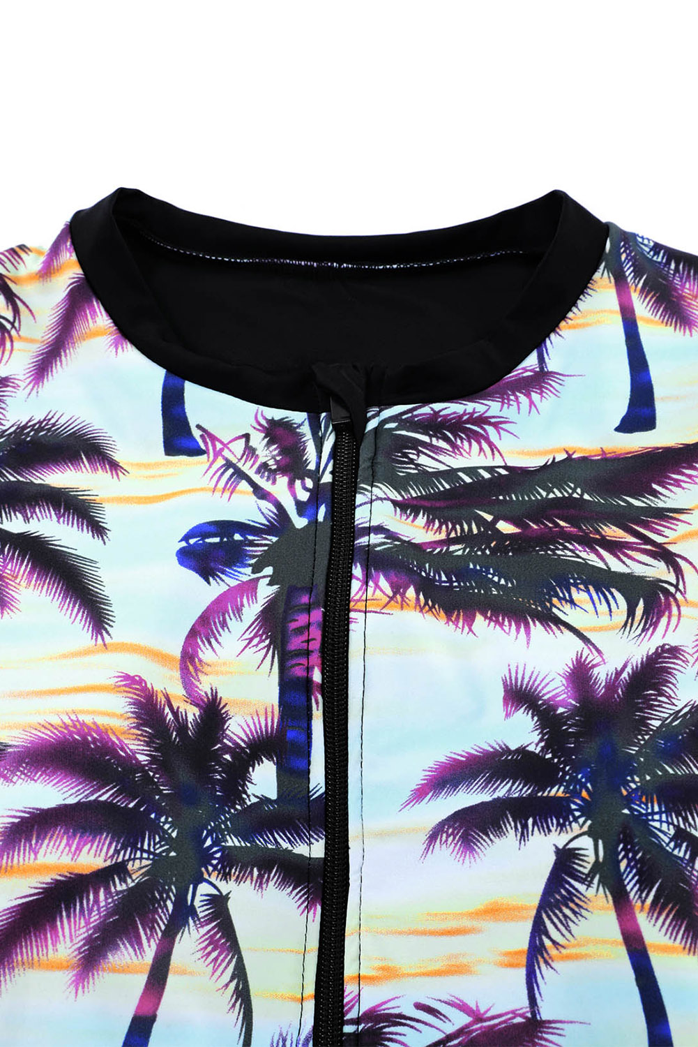 Black Plant Print Zip Front Half Sleeve One Piece Swimsuit
