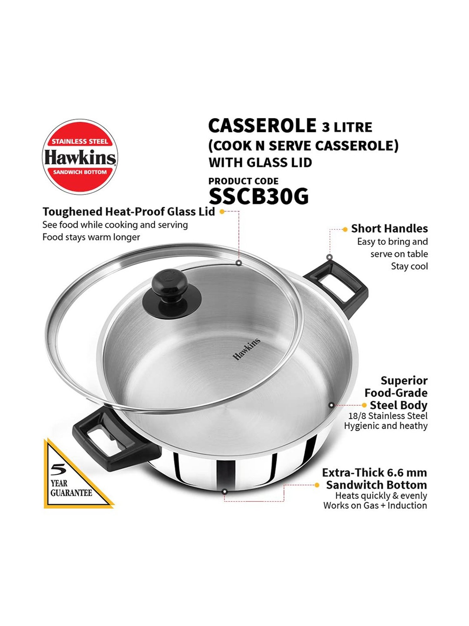 FnS Elantra Silver Stainless Steel Casserole With Lid (0.9 L)