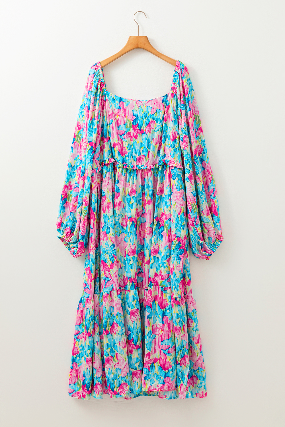 Sky Blue Floral Allover Print Square Neck Plus Size Maxi Dress