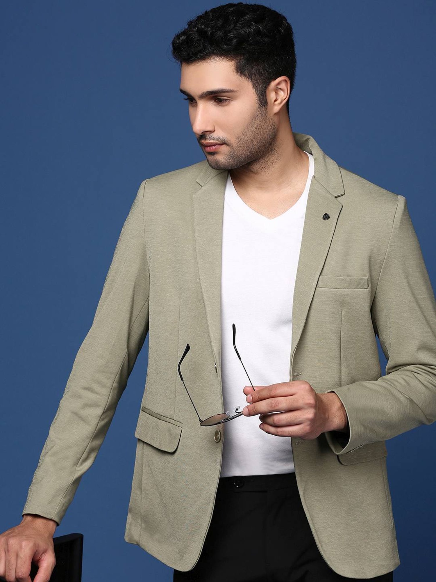 Showoff Pista Green Cotton Slim Fit Blazer