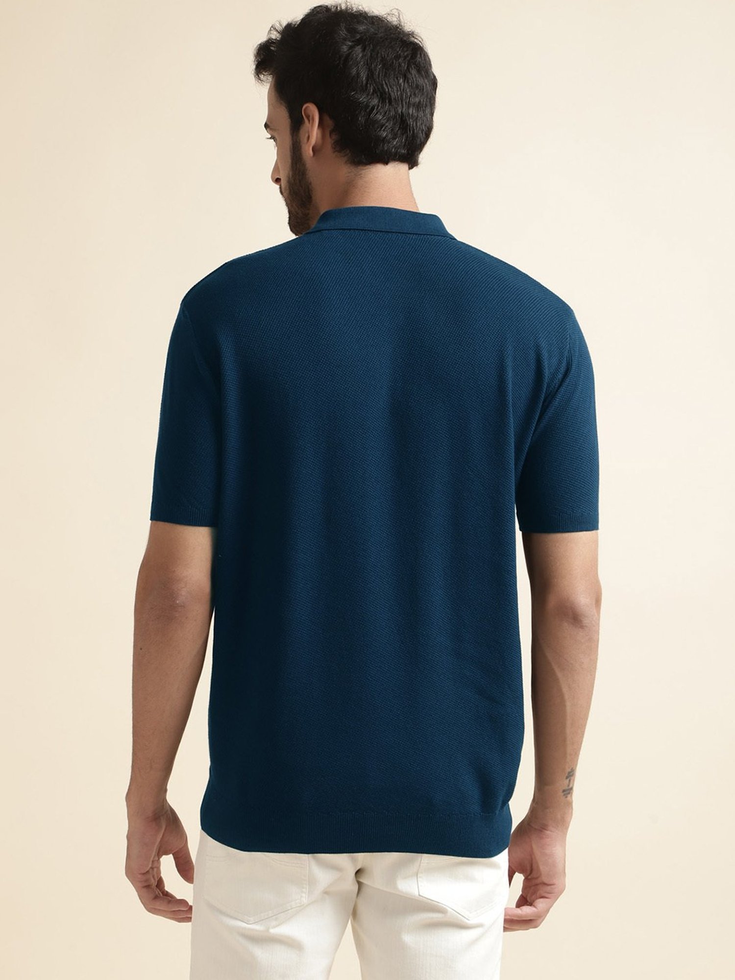 ANDAMEN Navy Regular Fit Textured Polo T-Shirt
