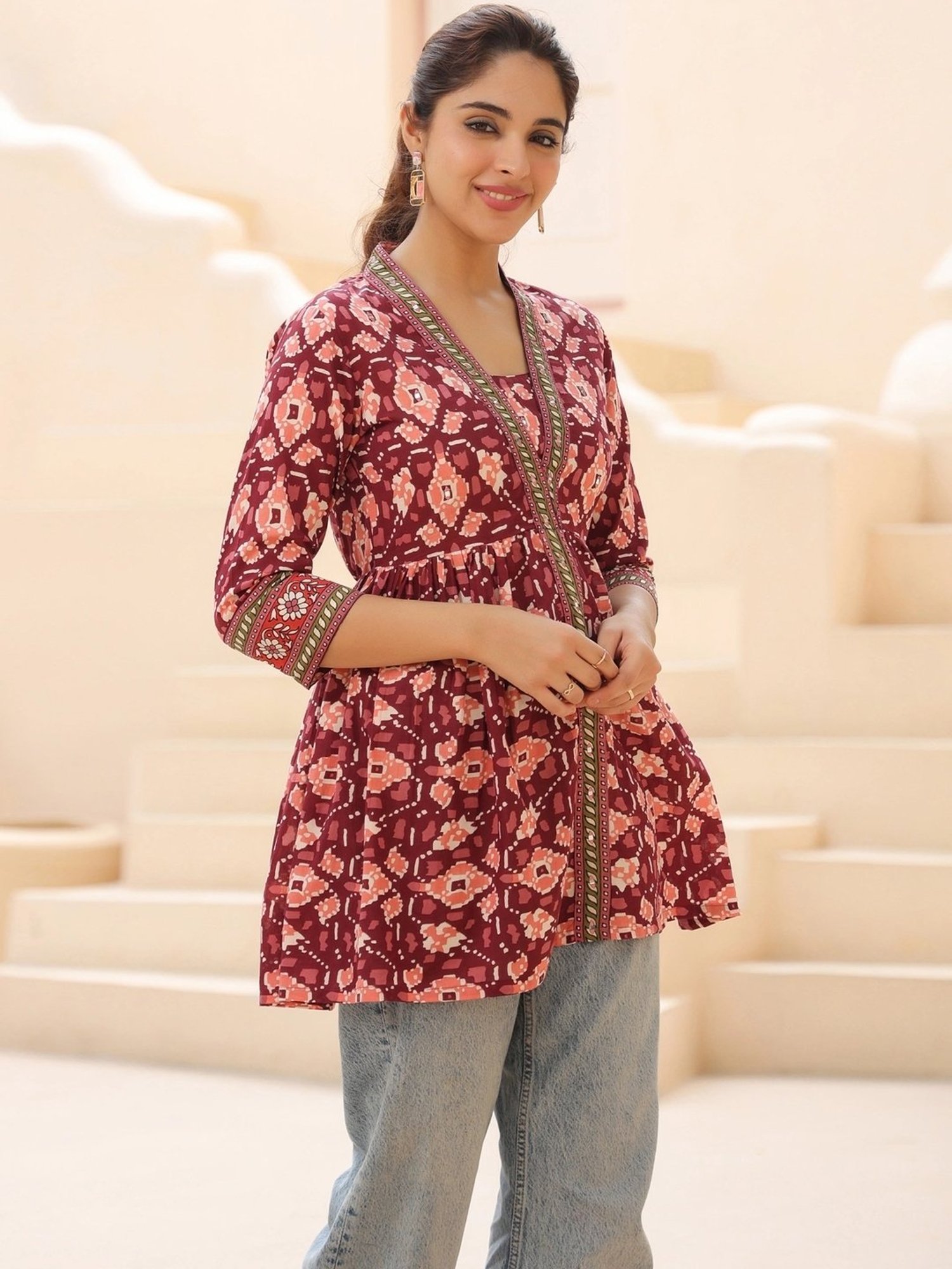 Rain and Rainbow Maroon Cotton Printed Top