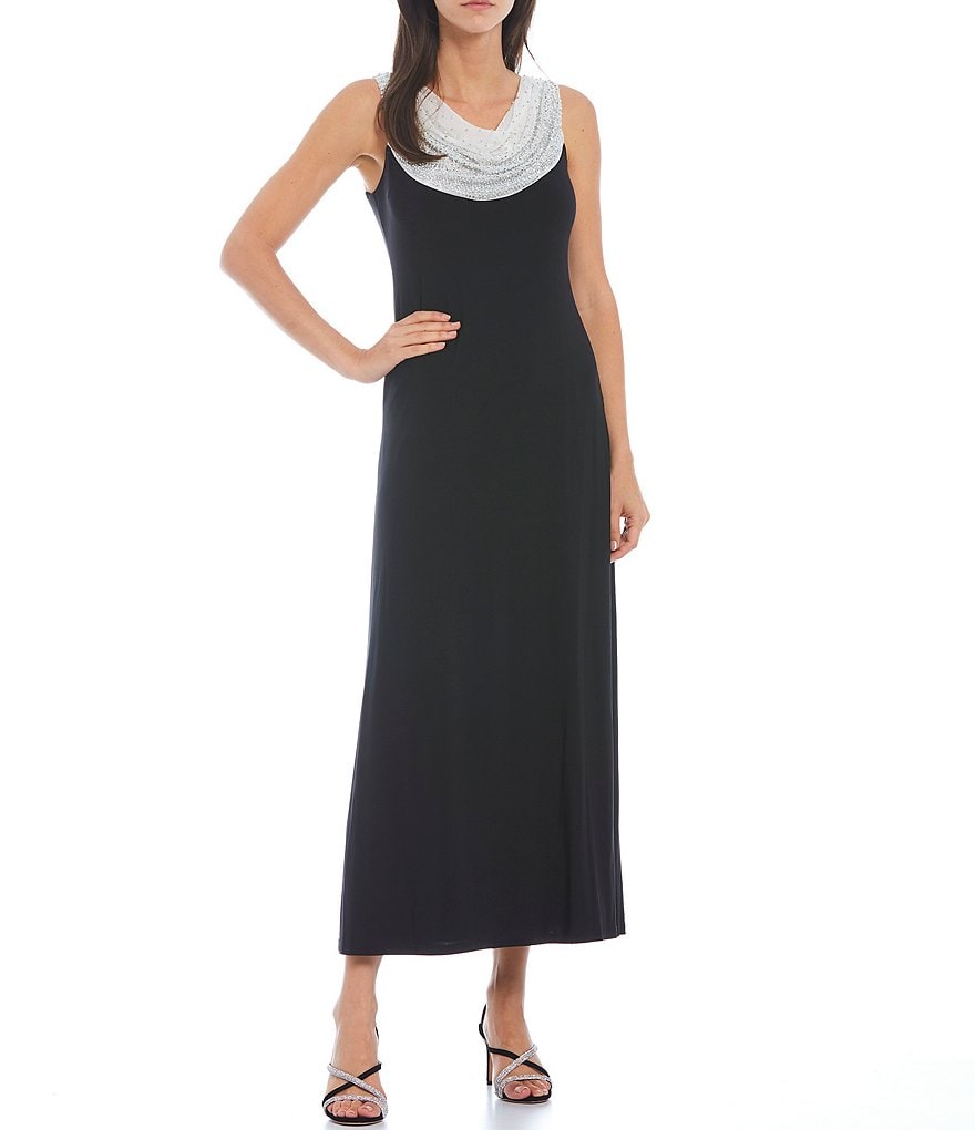R & M Richards Sleeveless Caviar Bead Cowl Neck Shift Gown